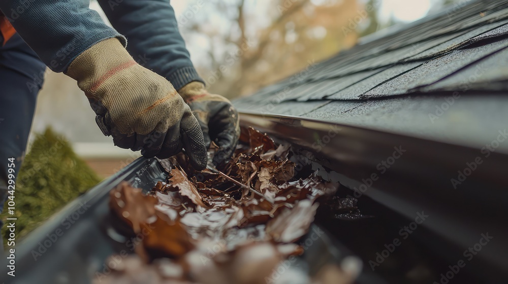 Handyman Fixing Gutter Leak with Leaves Removal Handyman Fixing Gutter Leak with Leaves Removal