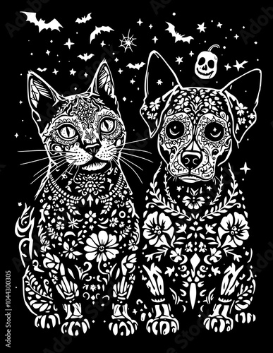 bold and detailed Sugar Skull SVG featuring a cat and a dog with intricate Halloween-themed patterns. Both the cat and dog should be in the traditional sugar skull style, with elaborate floral and ske