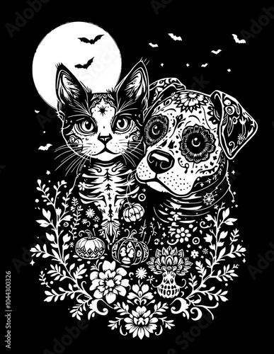 bold and detailed Sugar Skull SVG featuring a cat and a dog with intricate Halloween-themed patterns. Both the cat and dog should be in the traditional sugar skull style, with elaborate floral and ske