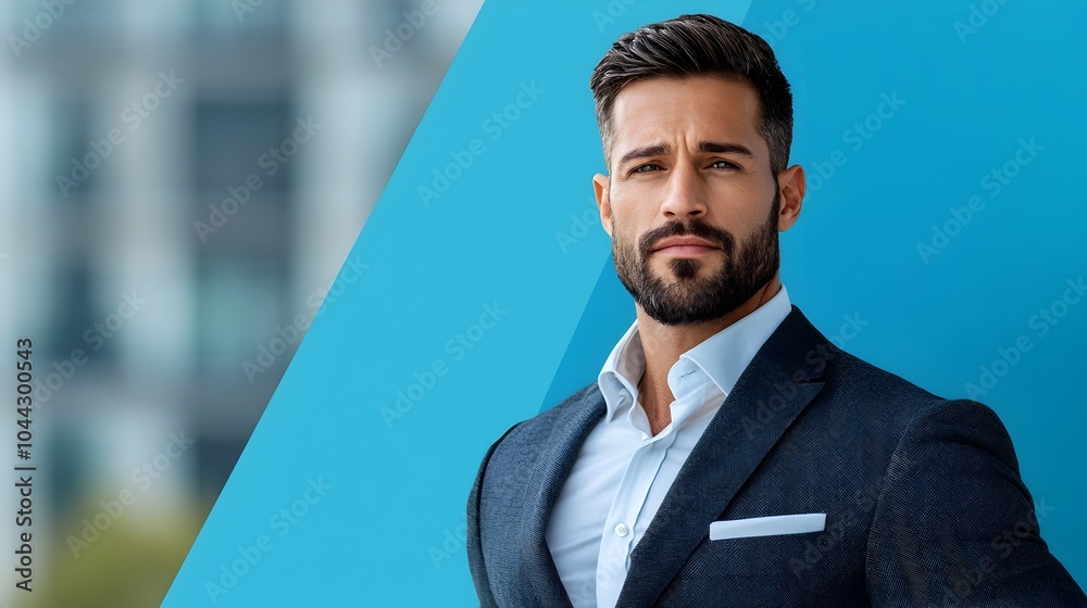 Fototapeta premium Fashionable man wearing a tailored suit stands confidently against a teal backdrop showcasing his timeless and sophisticated style