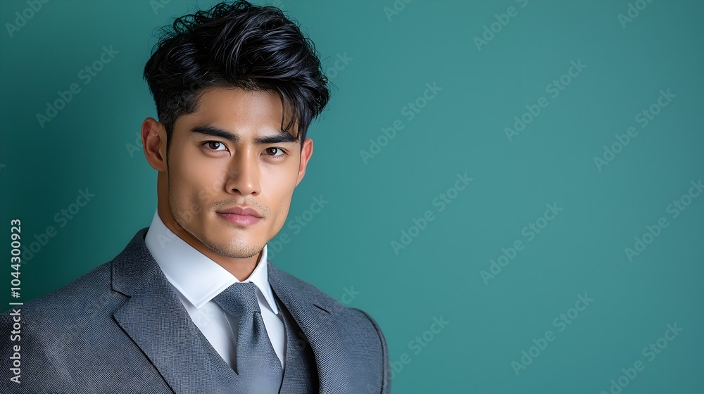 Confident and Composed Businessman Posing in a Stylish Tailored Suit Against a Teal Background Perfect for Fashion and Corporate Branding Purposes Confident and Composed Businessman Posing in a Stylish Tailored Suit Against a Teal Background Perfect for Fashion and Corporate Branding Purposes
