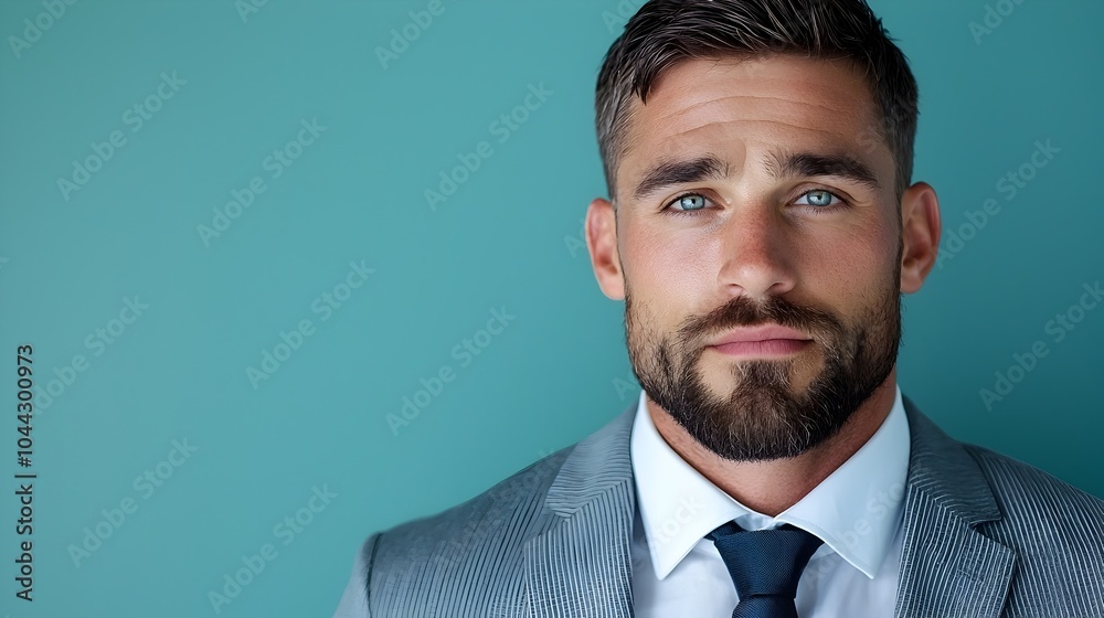 Stylishly Poised Contemporary Businessman in Pinstripe Suit Posing Confidently Against Smooth Teal Background Exuding Elegant Sophistication Stylishly Poised Contemporary Businessman in Pinstripe Suit Posing Confidently Against Smooth Teal Background Exuding Elegant Sophistication