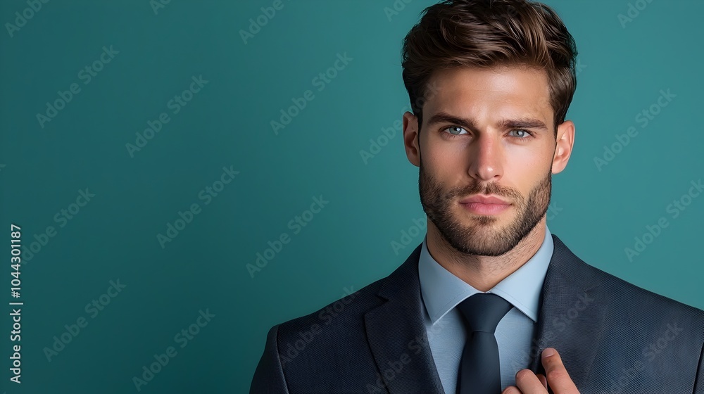 Confident and Stylish Man in Tailored Suit Exuding Grace and Sophistication on Smooth Teal Background Confident and Stylish Man in Tailored Suit Exuding Grace and Sophistication on Smooth Teal Background