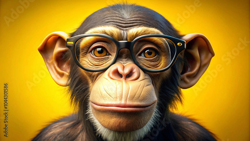 enigmatic gaze of an unseen monkey wearing glasses looms before a bold yellow backdrop, inviting viewers into its mysterious world. photo