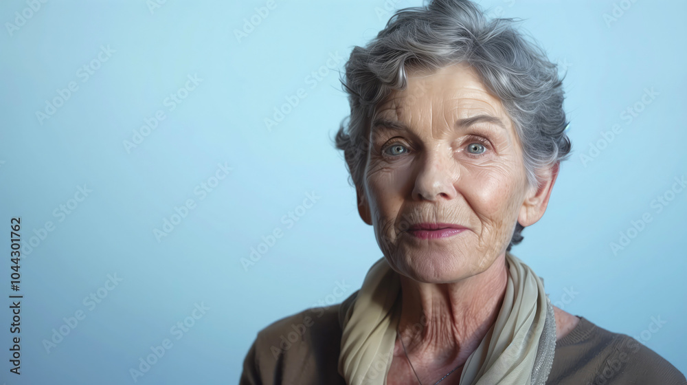 Obraz premium Portrait of elderly woman on blue. Grey-haired pensioner looks at camera. Face of elderly woman with wrinkles on skin.