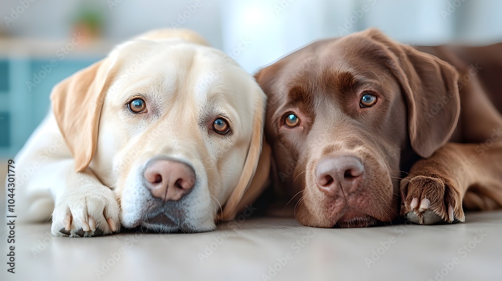 Two adorable dogs lying on the floor gazing at each other with a tender and loving connection capturing a peaceful moment of companionship and comfort