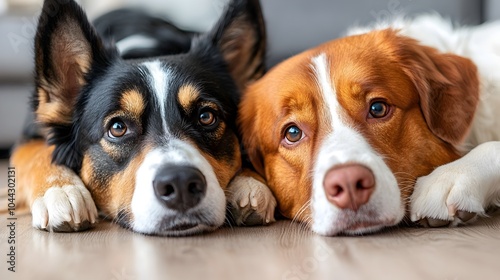 Two adorable dogs lying side by side on the floor sharing a tranquil and peaceful moment of quiet companionship and loyalty photo