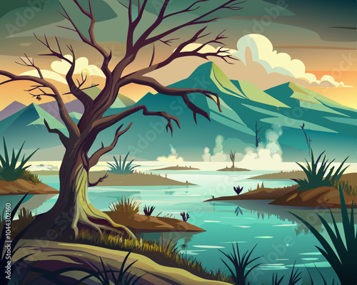 dead tree and foggy lake illustration