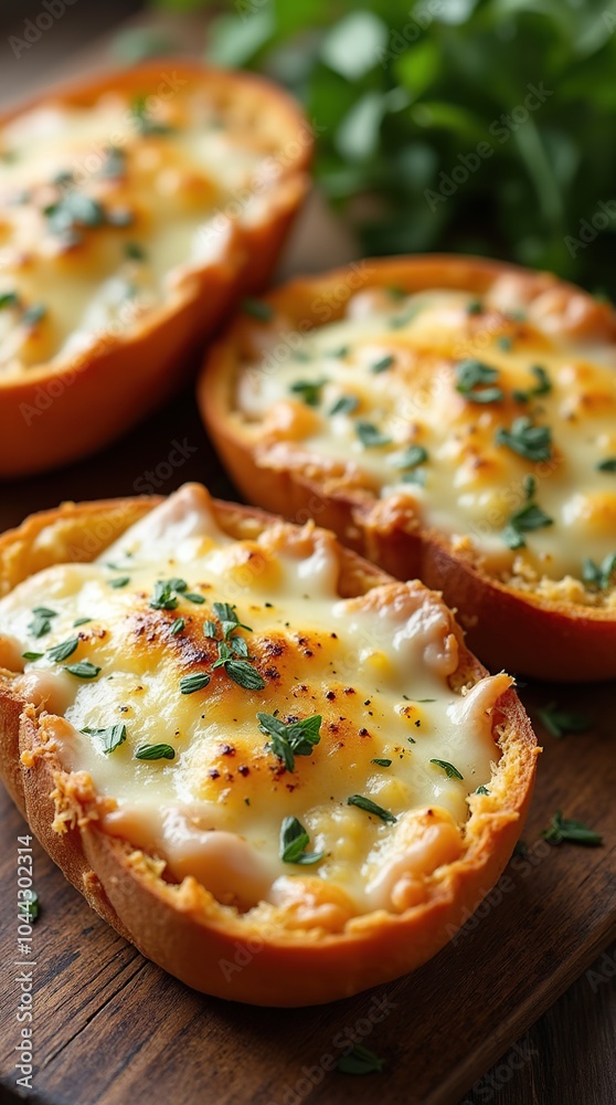 Delicious Garlic Bread with Melted Cheese and Fresh Herbs Delicious Garlic Bread with Melted Cheese and Fresh Herbs