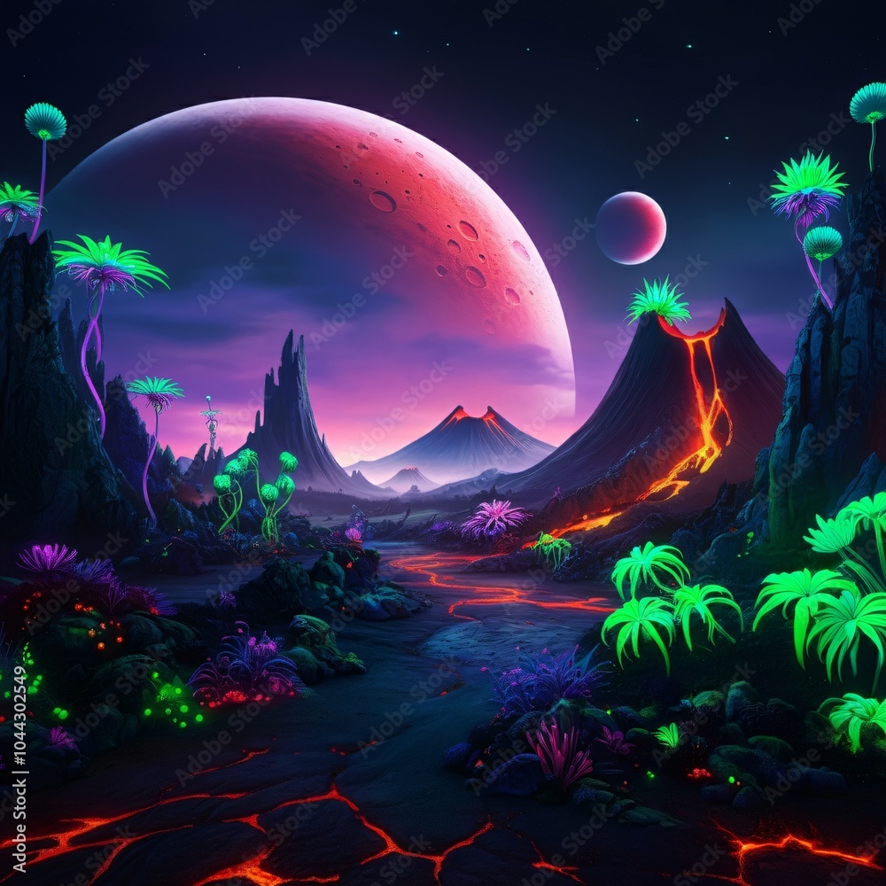Fototapeta premium Otherworldly landscape with two moons and glowing plants
