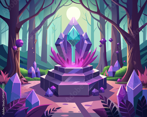 magical forest with crystal on altar