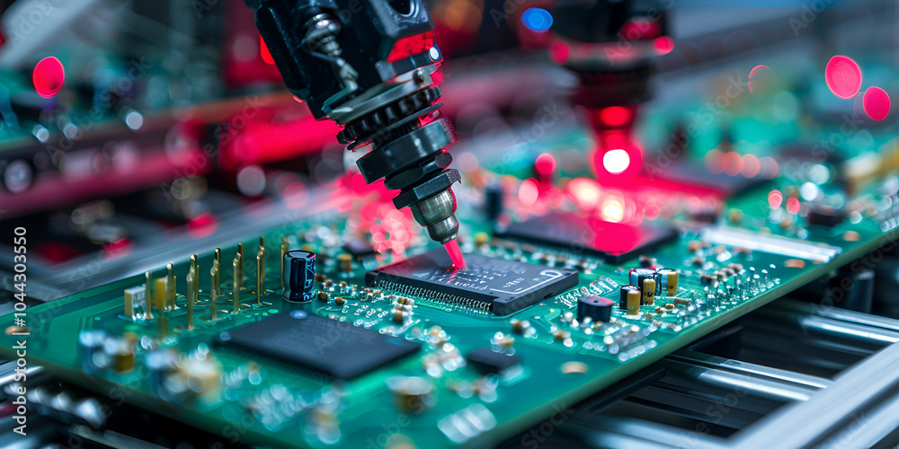 Obraz premium Automated circuit board assembly with precision robotics, High-tech electronics manufacturing with laser precision