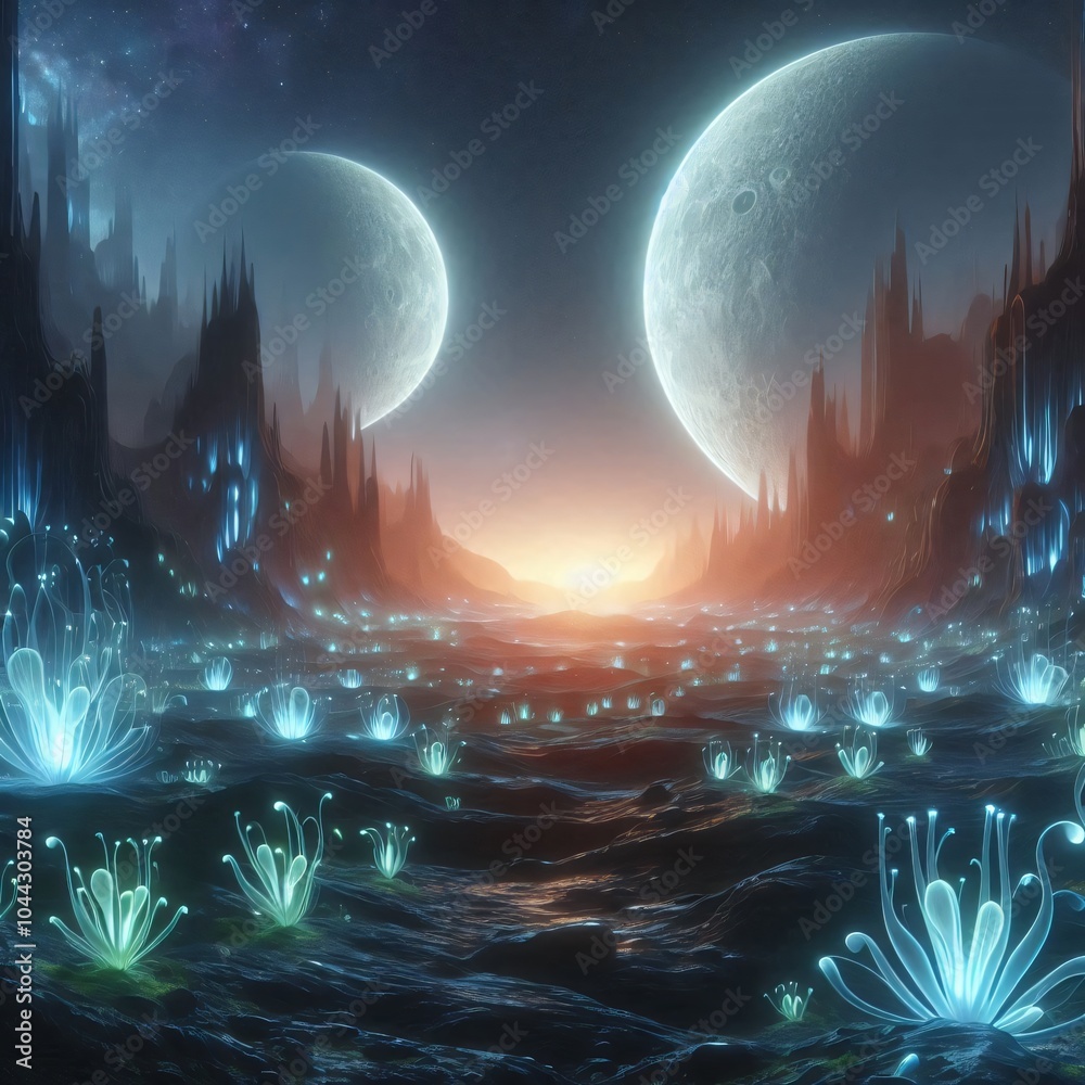 Obraz premium Otherworldly landscape with two moons and glowing plants