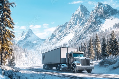 Large white truck navigates icy mountain road amidst snow covered trees and peaks on winter day