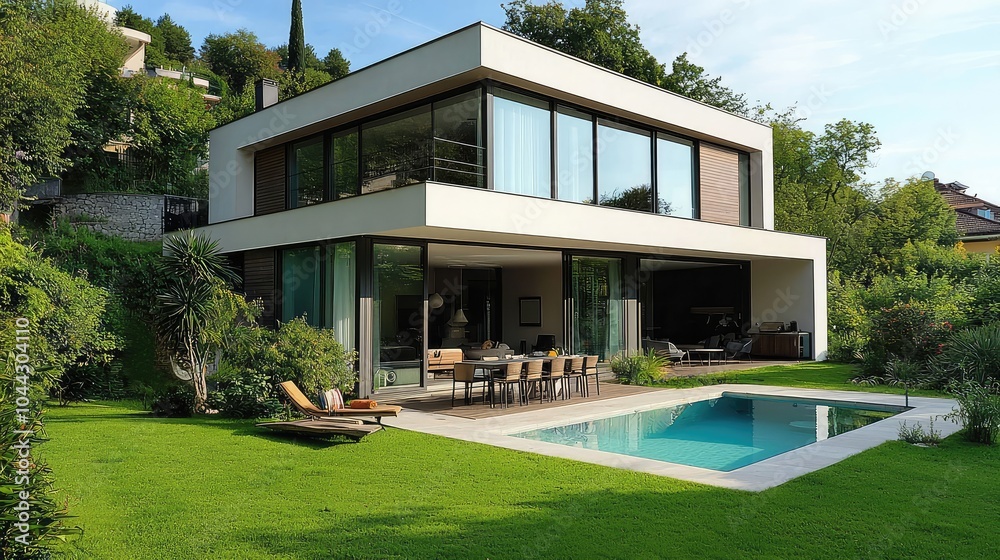 Modern Villa Surrounded by Lush Green Garden Modern Villa Surrounded by Lush Green Garden
