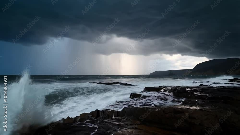 A powerful scene of waves crashing against a rocky coastline during a fierce storm. A powerful scene of waves crashing against a rocky coastline during a fierce storm.