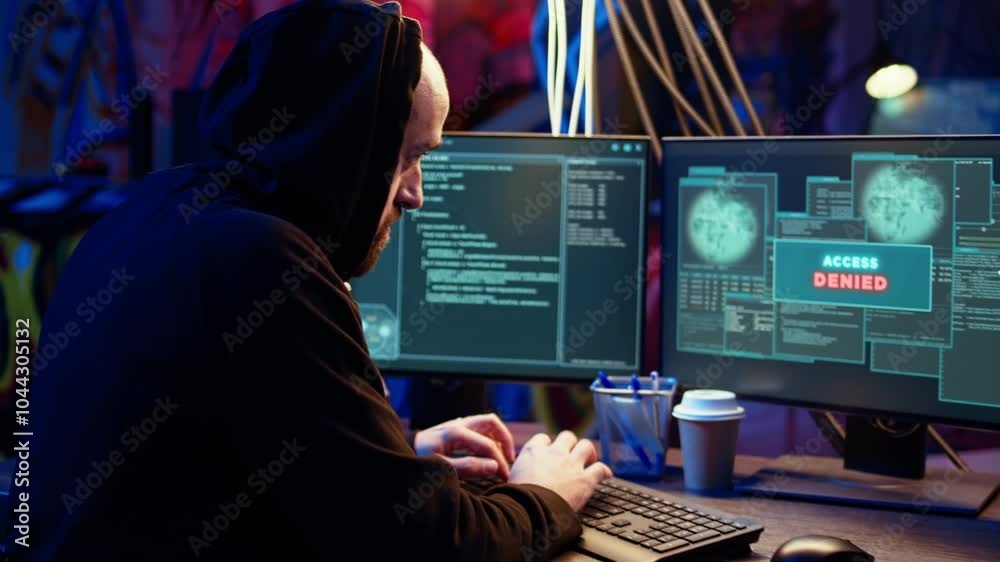 Hacker in dark underground warehouse trying to steal valuable data by targeting governmental websites but getting access denied error message, having cyber attacks rejected, dolly in close up shot