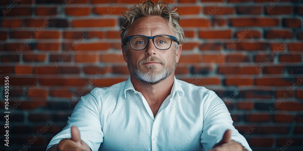 Banner showing man seated giving thumbs up against vibrant orange brick wall wearing glasses and white shirt confidently looking ahead piece Banner showing man seated giving thumbs up against vibrant orange brick wall wearing glasses and white shirt confidently looking ahead piece