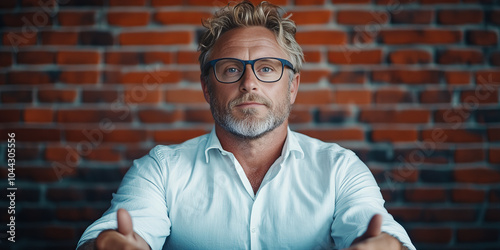 Banner showing man seated giving thumbs up against vibrant orange brick wall wearing glasses and white shirt confidently looking ahead piece