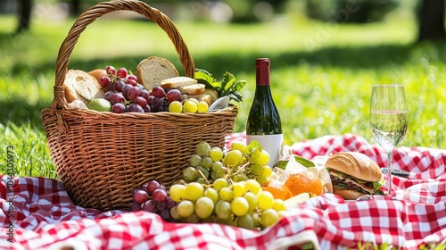 Charming Picnic Basket Filled with Fresh Fruits photo