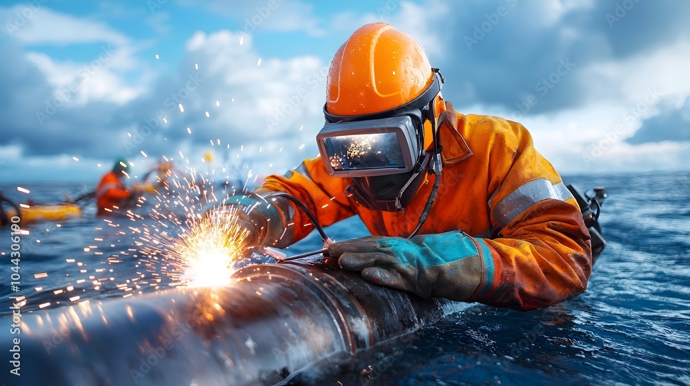 Submerged welder working on a metal pipe with glowing welding sparks creating a bright energetic light show underwater The scene depicts the skilled and dangerous work of underwater welding Submerged welder working on a metal pipe with glowing welding sparks creating a bright energetic light show underwater The scene depicts the skilled and dangerous work of underwater welding