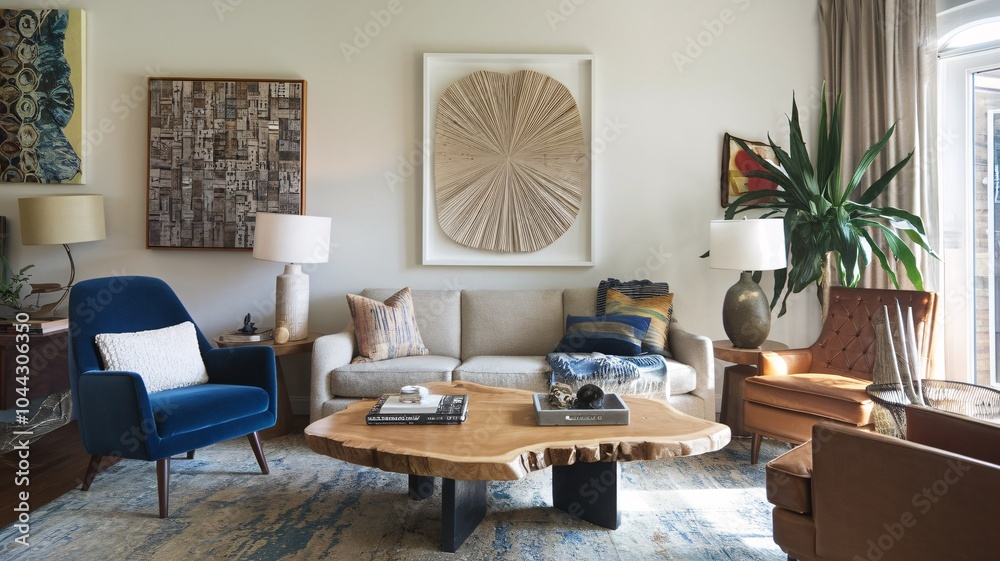 A living room with a blue velvet armchair, a beige sofa, a wood coffee table, and a large plant. A living room with a blue velvet armchair, a beige sofa, a wood coffee table, and a large plant.