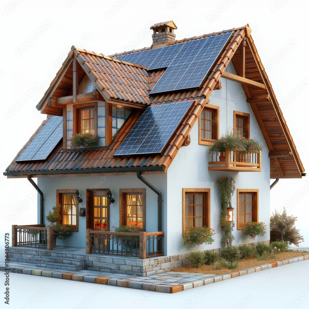 House with Solar Panel on Roof in Bright Setting House with Solar Panel on Roof in Bright Setting