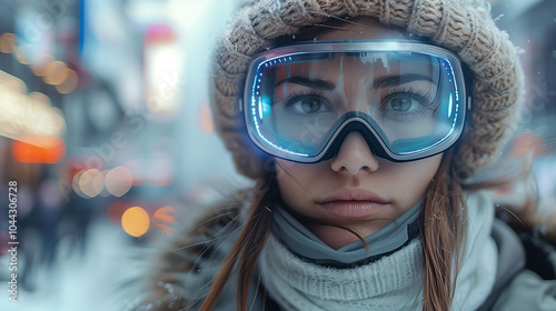 Young Professional Woman in Tech-Inspired Outfit with Smart LED Mask