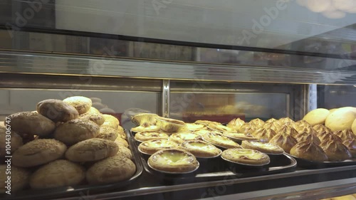 A variety of pastries and biscuits arranged on a tray are available for sale at the bakery shop.