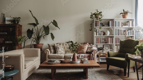 A cozy living room with a couch, armchair, coffee table, bookshelf, and plants.