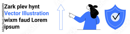 Woman pointing to an upward arrow with a checkmarked shield signifying growth and security. Ideal for business development, cybersecurity, progress, financial security, and assurance. Banner