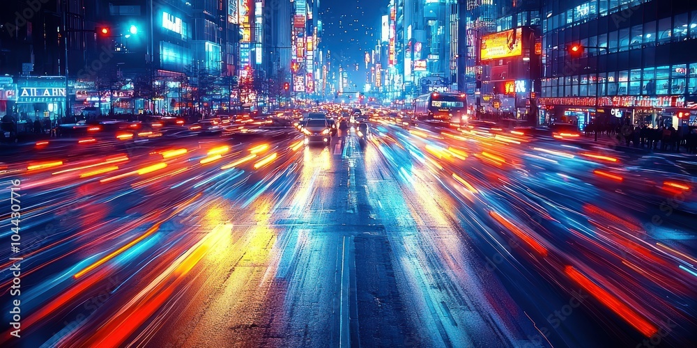 Obraz premium Nighttime Cityscape with Blurry Light Trails from Traffic