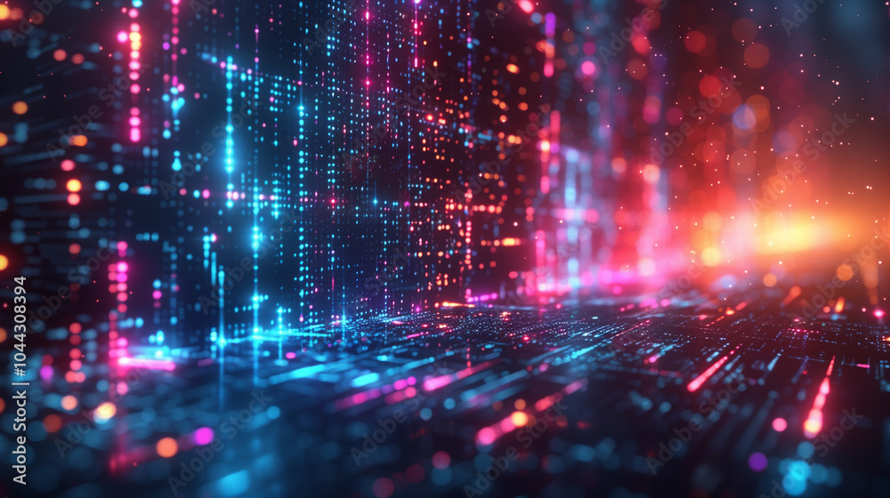 Naklejka premium Virtual Reality Environment with Floating Digital Elements and Neon Colors