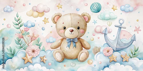 Fototapeta Watercolor Nautical Teddy Bear Illustration for Baby Shower Girl - Perfect for Invitations and Decor