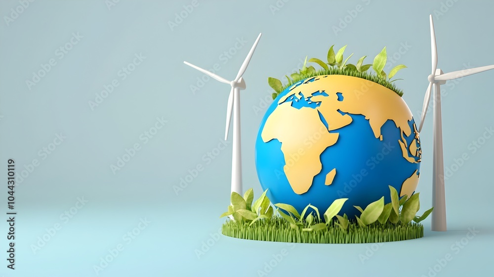 Naklejka premium Sustainable 3D Earth with Wind Turbines and Growing Plants Representing Environmental Care and Green Energy