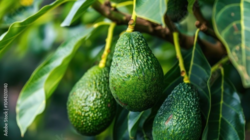 Close-up of ripe avocados hanging from a tree branch