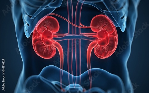 3D medical illustration of human kidneys, showing their anatomy and position in the body.