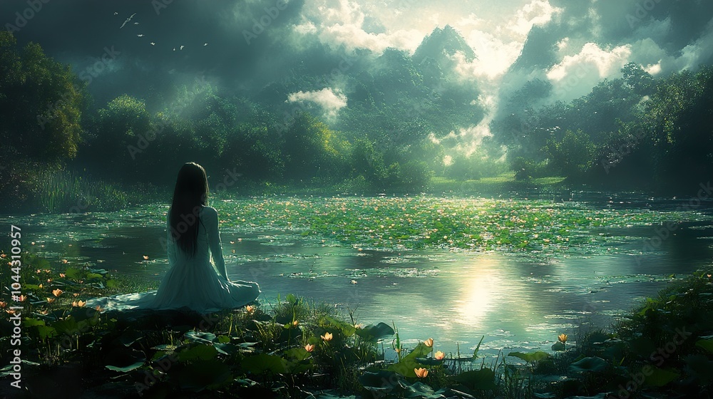 Obraz premium Woman Contemplating Nature by a Tranquil Lake