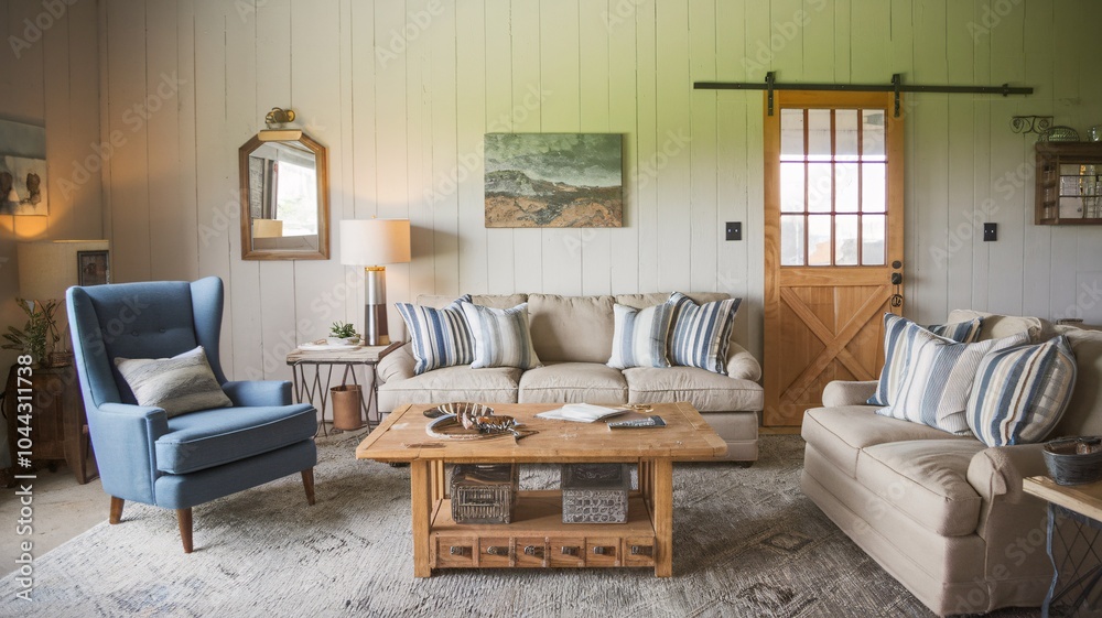 Fototapeta premium farmhouse living room A cozy living room with a blue armchair, two beige sofas, a wooden coffee table, and a sliding barn door.