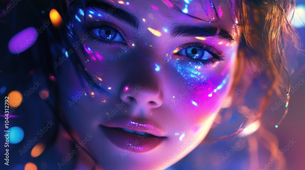 Close-up of a person's face illuminated by colorful lights and sparkles. Close-up of a person's face illuminated by colorful lights and sparkles.