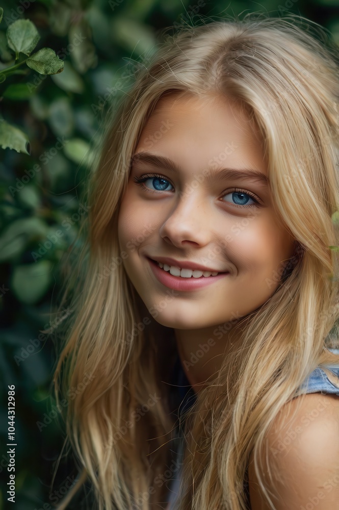 Blonde woman with gentle smile posing in casual top amidst greenery Blonde woman with gentle smile posing in casual top amidst greenery