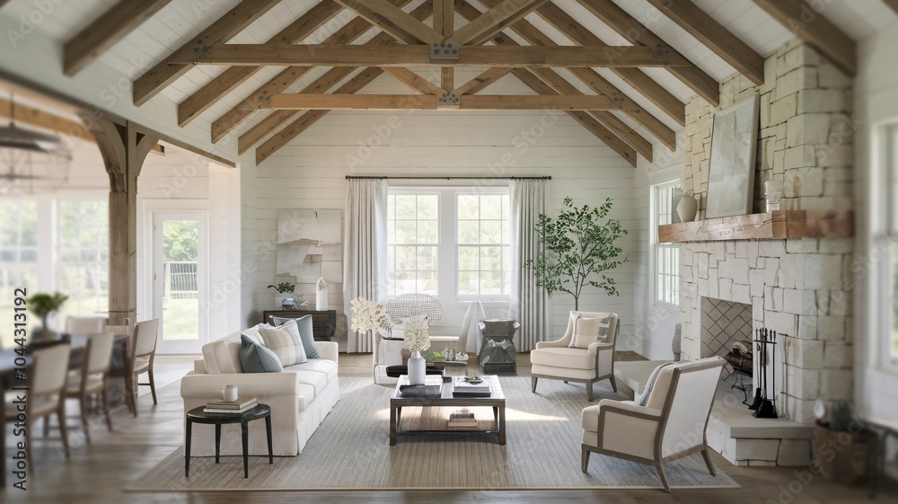 Fototapeta premium farmhouse living room A spacious living room with a fireplace, a large sofa and armchairs, a wooden coffee table, and a white rug.