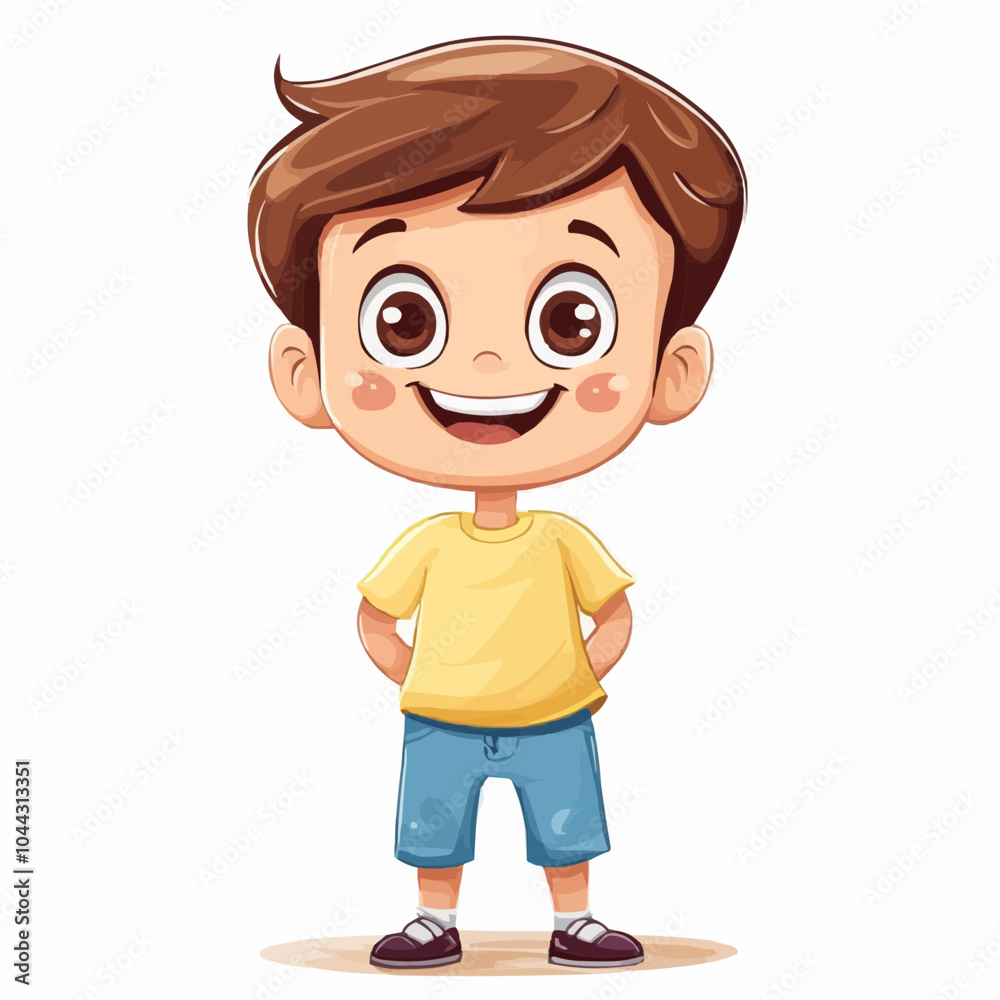 A happy cartoon boy with brown hair, wearing a yellow t-shirt and blue shorts, standing with his hands in his pockets, smiling at the viewer. A happy cartoon boy with brown hair, wearing a yellow t-shirt and blue shorts, standing with his hands in his pockets, smiling at the viewer.