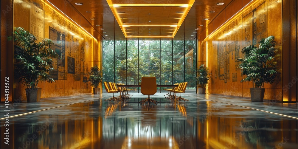 Modern Conference Room with Yellow Chairs and Golden Walls