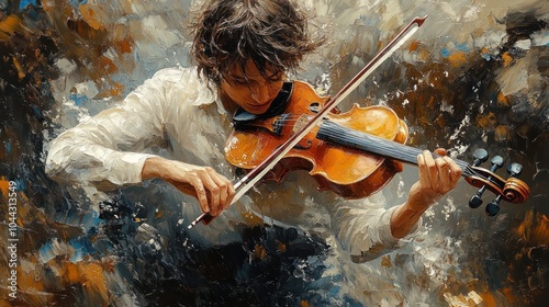 A 3D oil painting of a musician playing a violin, the strokes capturing the texture of the instrument and the emotion of the performance.