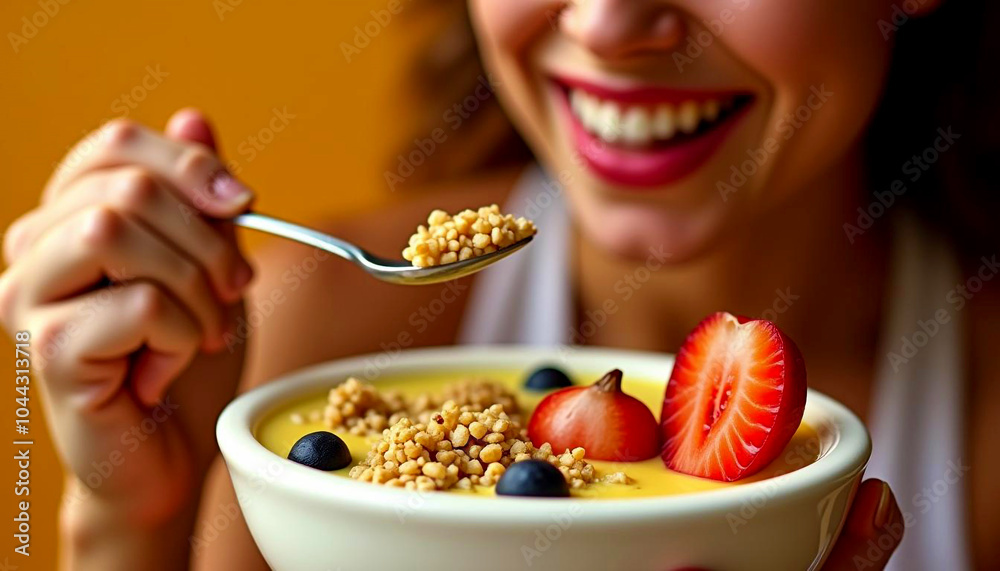 Close-up view of an athlete eating nutritious food following her workout session Close-up view of an athlete eating nutritious food following her workout session