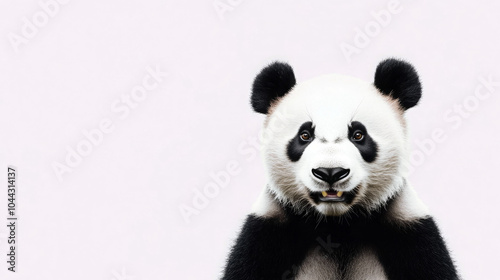 A close-up of a cheerful giant panda against a soft, neutral background.