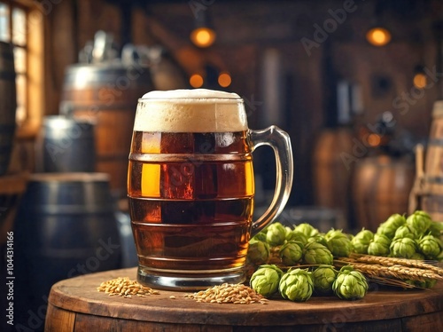 Mug of Beer with Raw Ingredients in a Brewery photo