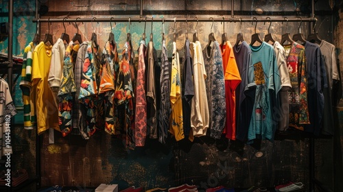 Clothes hanging on a rack in a store