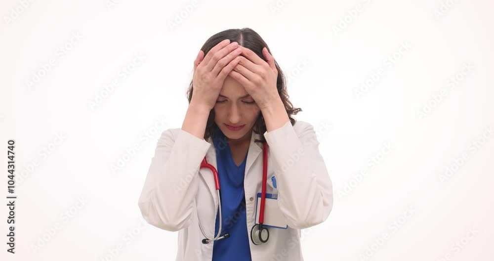 Brunette woman doctor touches forehead with worried expression. Female physician spreads hands to sides looking upwards with frustration and prays Brunette woman doctor touches forehead with worried expression. Female physician spreads hands to sides looking upwards with frustration and prays